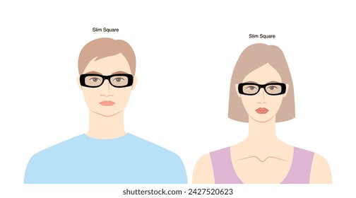 Slim Square frame glasses on women and men flat character fashion accessory illustration. Sunglass front view unisex silhouette style, rim spectacles eyeglasses, lens sketch style isolated on white