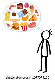 Slim Stick Figure Man, Hungry, Craving Unhealthy Food, Binge Eating, Stress, Isolated On White Background