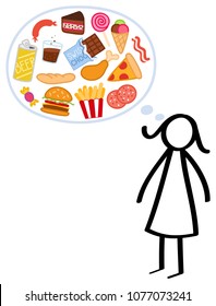 Slim stick figure woman on a diet, hungry, craving unhealthy food, binge eating, trying to lose weight isolated on white background