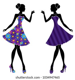 Slim stylish young models in short dresses mainly with blue and violet colors, vector stencils isolated on the white background