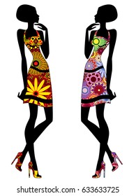 Slim stylized models in short ornate ethnic dresses and in high heels filling with colorful flower pattern, vector silhouettes isolated on the white background 
