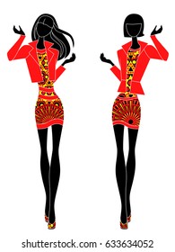 Slim stylized models in short ornate dresses, vector stencils in black, red and yellow colors isolated on the white background 