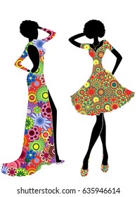 Slim stylized young models in ornate colourful motley ethnic dresses, vector stencils isolated on the white background 
