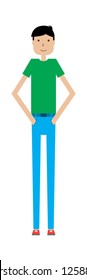 A slim teenage boy in casual clothes. Flat design - shy, thin, tall and smiling boy holding hands in pockets.