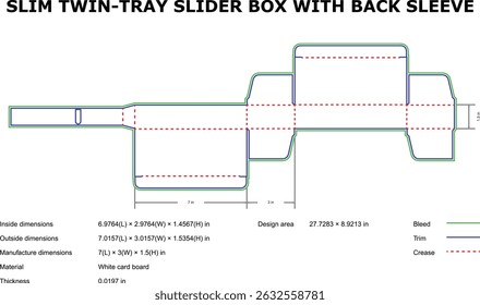 Slim twin tray slider box diecut template with back sleeve dimensions