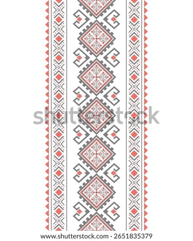 Slim vertical red and gray tribal border design on white background. Ideal for digital textiles and print.