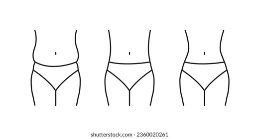 Slim waist body, line icon set. Loss weight, control losing fat. Measure waistline sign. Vector outline Illustration