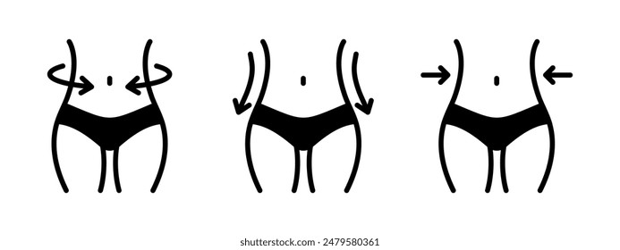 Slim waist icon. Waistline measuring symbol. Weight loss vector illustration. Woman weight control sign. Fit woman silhouette. Low calorie healthy nourishment isolated.