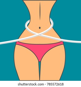 Slim waist with measuring tape. Girl, woman in underwear measuring waist close up. Vector illustration
