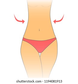 Slim waist, thin waist, flat belly, slimming, beautiful female body, weight loss, contrast waist and hips, beautiful body. Vector illustration