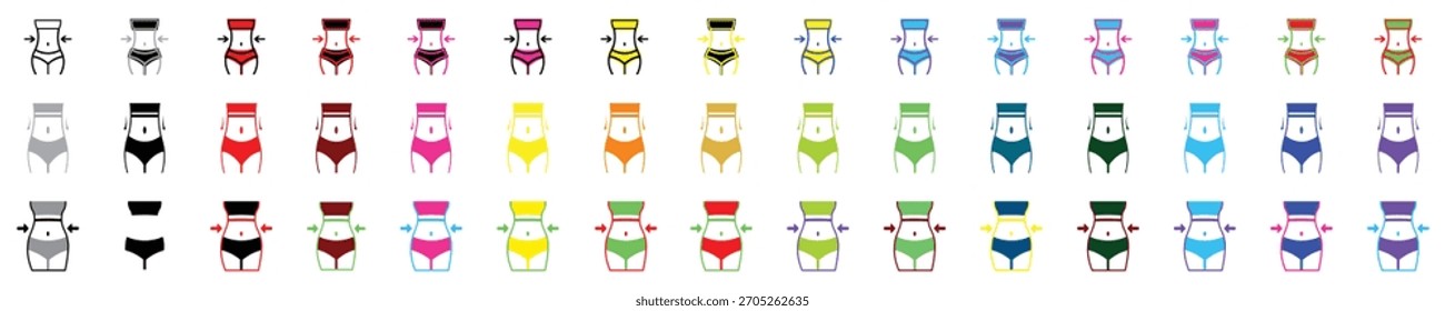 Conjunto de íconos de Vector de cintura delgada y pérdida de peso Fitness, forma del cuerpo y pictogramas de línea de dieta.