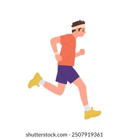 Slim weak man cartoon character running marathon enjoying healthy lifestyle isolated on white