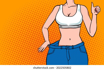 Slim woman after weight loss showing thumbs up and holding her oversized jeans, weight loss concept illustration in pop art style with copy space