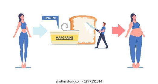 Slim Woman Become Fat causes Eating Trans Fats and Margarine Cholesterol Products. Tiny Man Put Spread on Huge Toast. Characters Unhealthy Eating, Obesity Concept. Cartoon People Vector Illustration