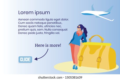 Slim Woman with Bright Clothes and Sunglasses near Yellow Travel Bag. Insurance Policy. Vector Illustration. Reliable Protection. Woman on Background Plane. Life and Health. Insurance on Vacation.