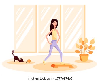 Slim woman with cat doing gymnastics. Color vector flat cartoon illustration.