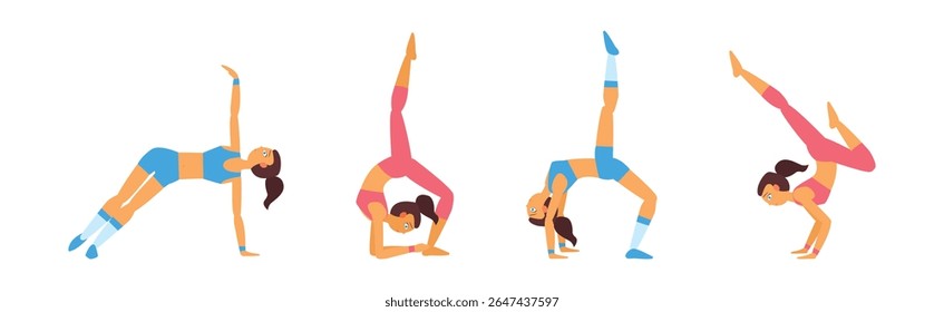 Slim Woman Character Do Yoga Stretch Body Vector Set