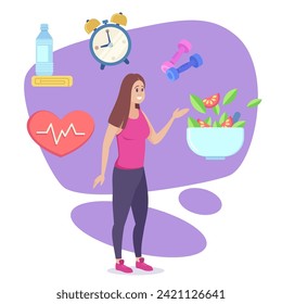 Slim woman doing sport, keeping diet, sports and sleeping regime vector illustration. Dumbbells, healthy food, clock, bottle of water, heart rate. Proper nutrition, health, weight loss concept