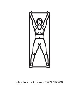Slim woman in exercise dress using resistance bands line icon vector for Physical Therapy Day on September 9.