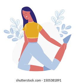 Slim Woman Exercising Flat Vector Illustration. Sportswoman Stretching Leg Muscles, Practicing Pilates. Fitness Trainer Wearing Sportswear, Showing Exercises. Smiling Healthy Girl Workout