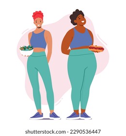 Slim Woman Hold Healthy Salad, Radiating Good Health And Fitness, While A Heavyset Woman Hold Fast Food. Female Characters Highlighting Risks Of Unhealthy Diet. Cartoon People Vector Illustration