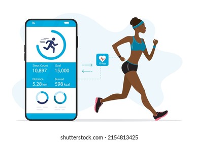 Slim Woman Is Jogging. Synchronization Of Mobile Phone And Smart Watch, Counting Chances, Calories And Heart Rate. Healthy Lifestyle And New Technologies. Cell Phone With Icons. Vector Illustration