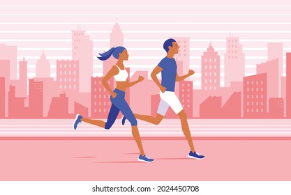 Slim woman and man running outdoor in sportswear and training shoes. jogging outdoor. Vector illustration.	