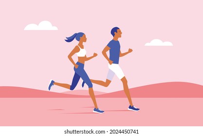 Slim woman and man running outdoor in sportswear and training shoes. jogging outdoor. Vector illustration.	