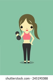 slim woman on green background carry dumbbell with her right hand .