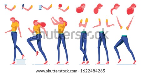 Slim Woman with Red Hair Flat Cartoon Vector Illustration. Girl Character Constructor for Animation. Body Parts, Hands Holding Racket for Ping Pong, Microphone, Winne Glass and Kettle.