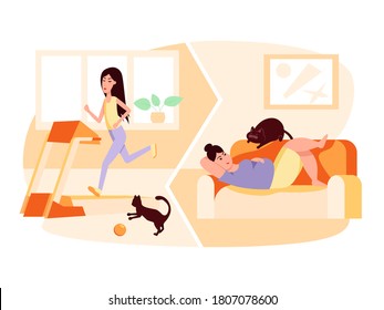 Slim Woman Running On Treadmill. Fat Woman With Cat Lying On Sofa. Obesity. Healthy And Unhealthy Lifestyle. Sport Vs Fastfood. Vector Flat Color Illustration. Concept For Overweight