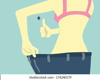 Slim woman showing thumb up expressing how happy she has lost weight and becomes slim. 