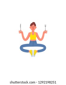 A slim woman sits in a pose of meditation with a fork and knife in her hands. Woman in jeans, t-shirt and sneakers. Healthy lifestyle. Vector illustration in cartoon style.