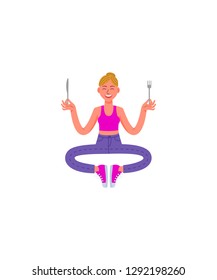 A slim woman sits in a pose of meditation with a fork and knife in her hands. Woman in jeans, t-shirt and sneakers. Healthy lifestyle. Vector illustration in cartoon style.