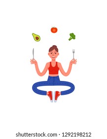 Slim woman sitting in meditation with a fork and knife in her hands and healthy food. Avocado, broccoli, tomato. Healthy lifestyle. Vector illustration in cartoon style.