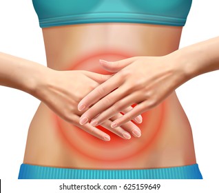 Slim woman suffering from abdominal pain realistic vector illustration