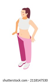 Slim woman trying on large size trousers after losing weight or plastic surgery 3d isometric icon vector illustration