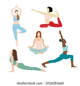 Slim women do yoga, Pilates, fitness. Isolated on a white background. For poster, sticker, T-shirt, design