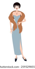 Slim young elegant lady in evening dress and fur cape, vector illustration isolated on white