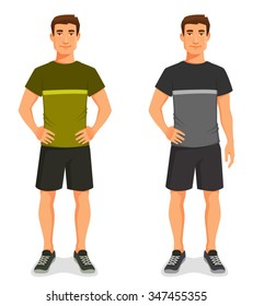 Slim young man in casual sport outwear, ready for workout in the gym. Healthy lifestyle concept. Isolated on white. Vector eps file.