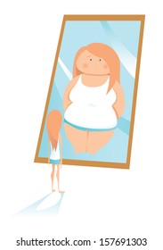 Slim young woman looking in mirror and seeing herself as overweight. Concepts: anorexia or bulimia