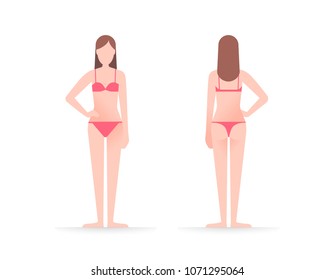 A slim young woman in underwear in front view and back view. The diet concept. Healthy lifestyle and fitness theme. Flat vector illustration