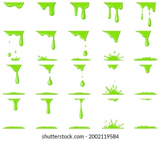 Slime animation. Dripping green cartoon drops and splash, halloween liquid toxic slime blobs vector illustration set. Green slime animation. Effect messy paint, blob and splash, splatter dirty