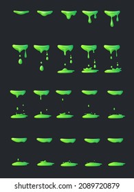 Slime animation. Liquid green drop, cartoon splash poison drip, toxic waste, nuclear explosion chemical venom, sprite fx effect, phlegm substance, ui vector. Illustration of drip toxic and drop slime