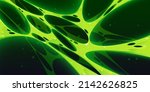 Slime background, green toxic stretches of ooze with holes and glow particles around. Mucus, creepy goo, sticky liquid snots on dark backdrop, radioactive Halloween design Cartoon vector illustration