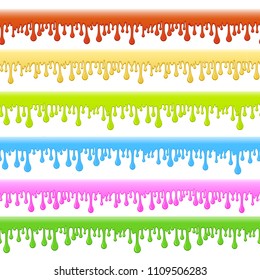 Slime borders. Vector gooey dripping liquid slime horizontal seamless patterns isolated on white background