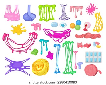 Slime. Bubblegum splashes coloured delicious sticky products recent vector cartoon templates set