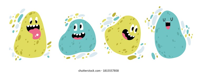 Slime characters set. Funny faces with different emotions of colorful monsters in a simple hand-drawn style. Vector childish illustration isolated on white background.