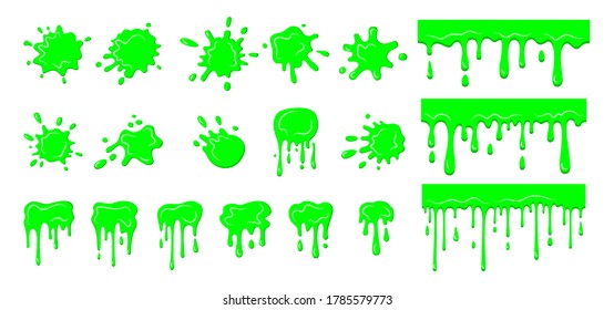 Slime Drip Blob, Splatters Set. Collection Green Dirt Splat, Goo Dripping Splodges Of Slime Splatter. Halloween Shapes Liquids. Bright Green Stain Cartoon Flat Mucus. Isolated Vector Illustration