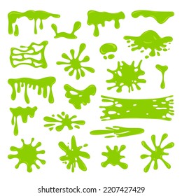 Slime dripping. Green sticky alien slime blobs, spooky halloween toxic slime dripping set. Green cartoon mucus. Drip and blob, slime green liquid, toxic splatter. Vector illustration